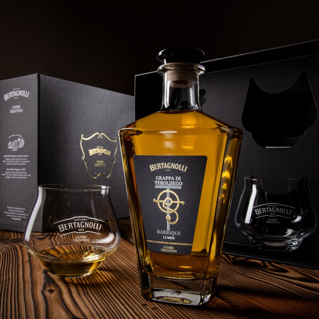 Black Box Grappa Teroldego Barrique with two Glasses